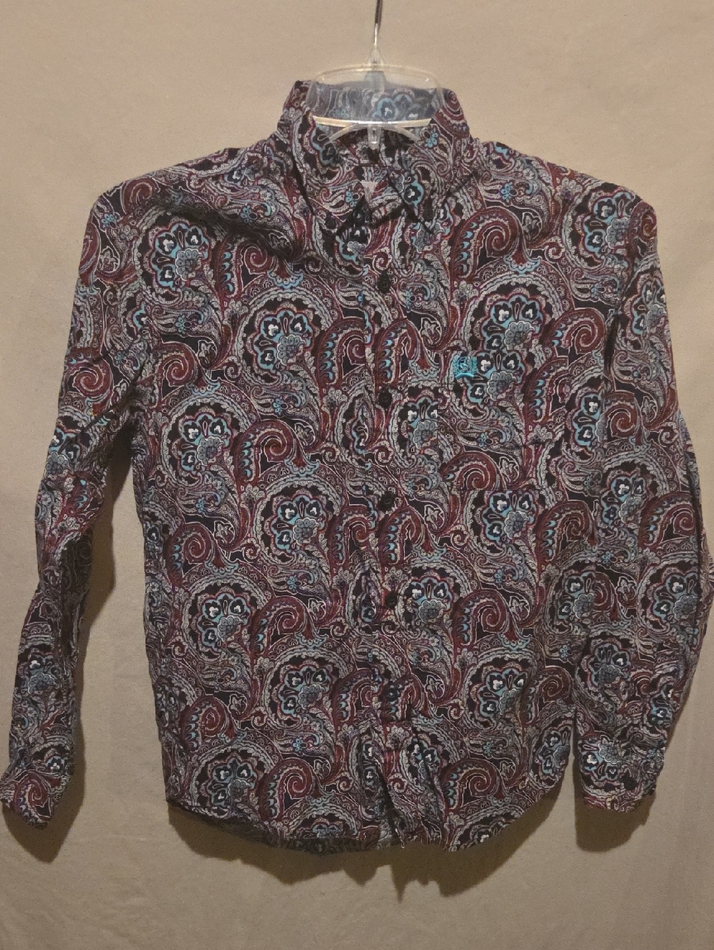 Cinch Kids Long-Sleeve Paisley Button-Down in Burgundy and Teal